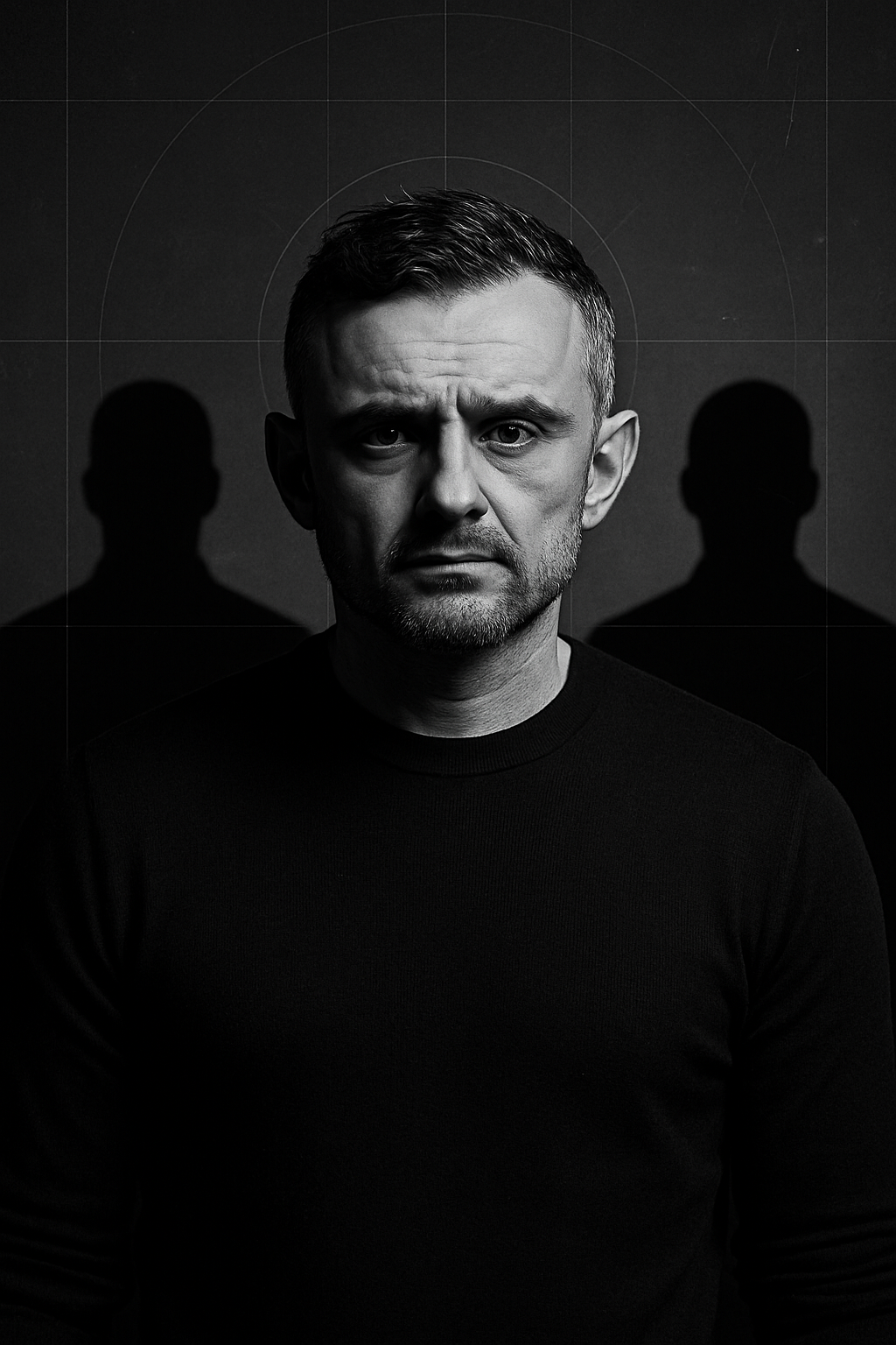 Focused leader with intense expression and geometric overlay