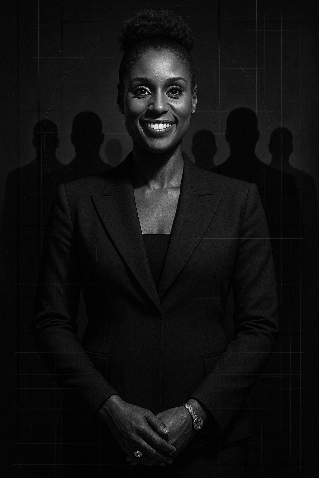 Professional Black woman leader with confident smile and shadowy figures