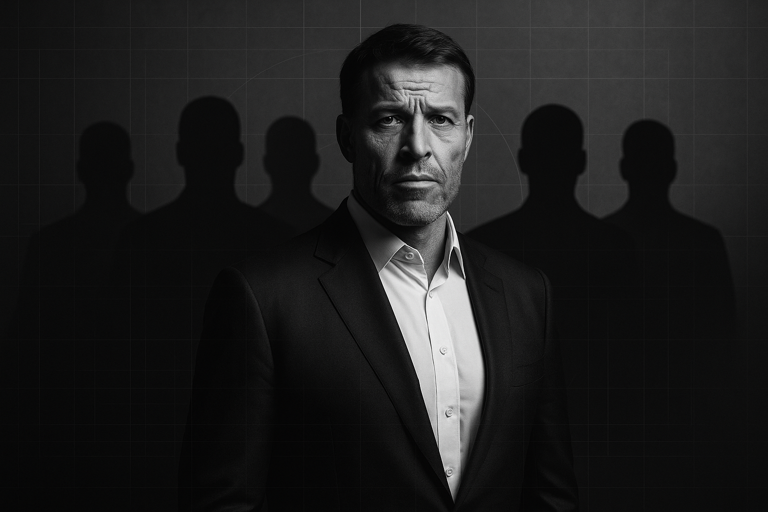 Executive leader in business suit with shadowy figures